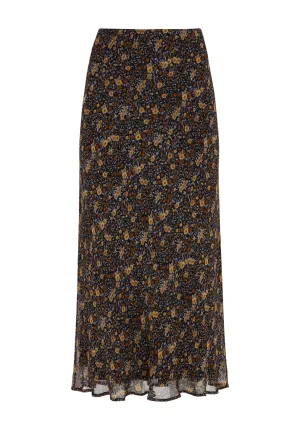 Poppy Bias Cut Aster Print Midi Skirt In Brown