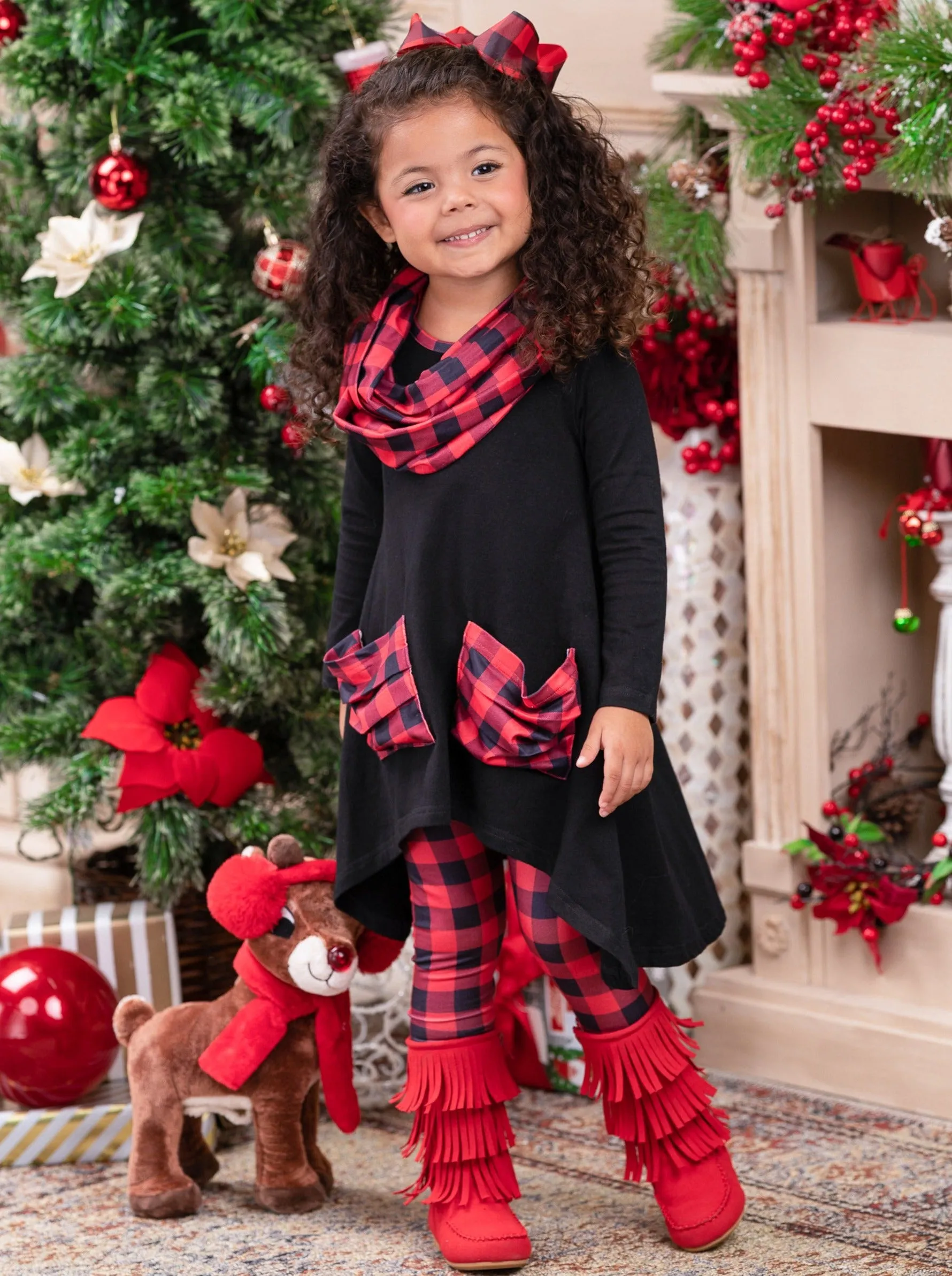 Pretty Plaid Slouch Pocket Tunic, Leggings And Scarf Set