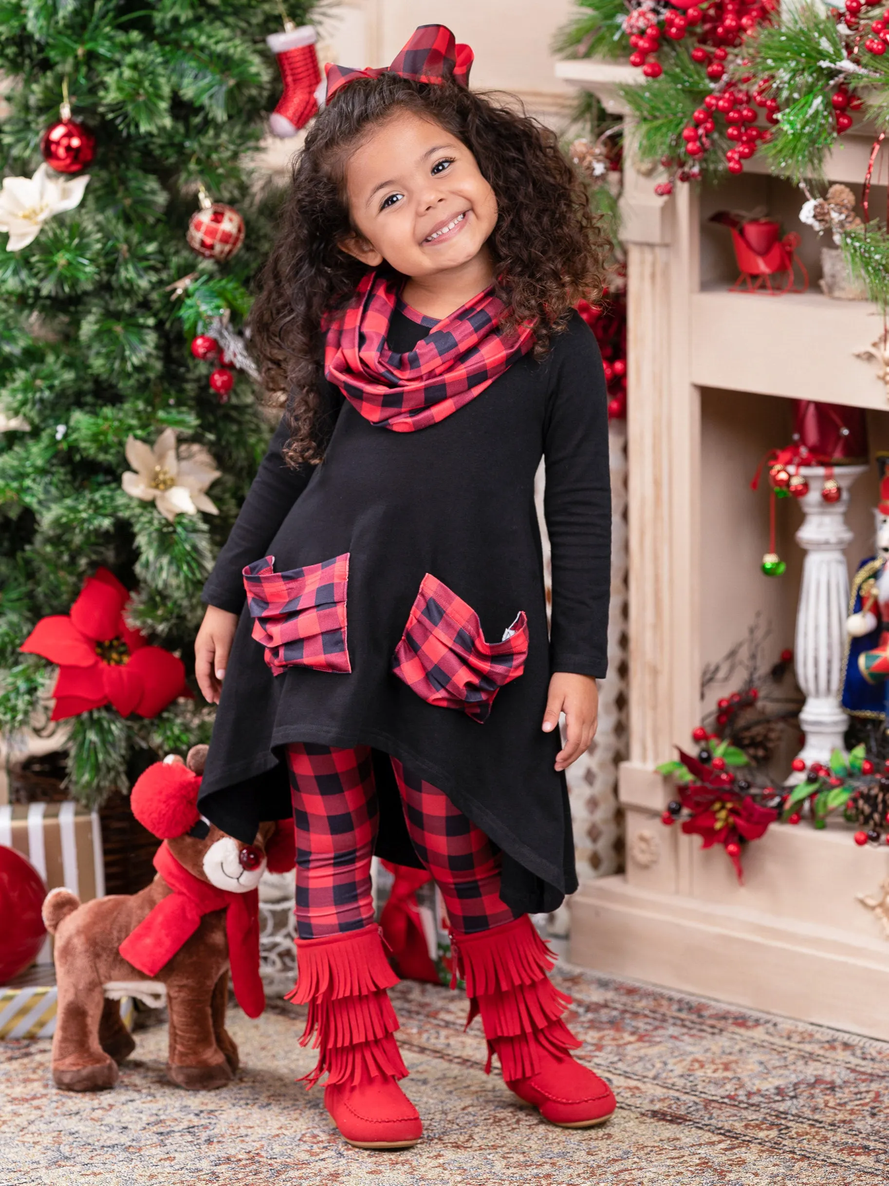 Pretty Plaid Slouch Pocket Tunic, Leggings And Scarf Set