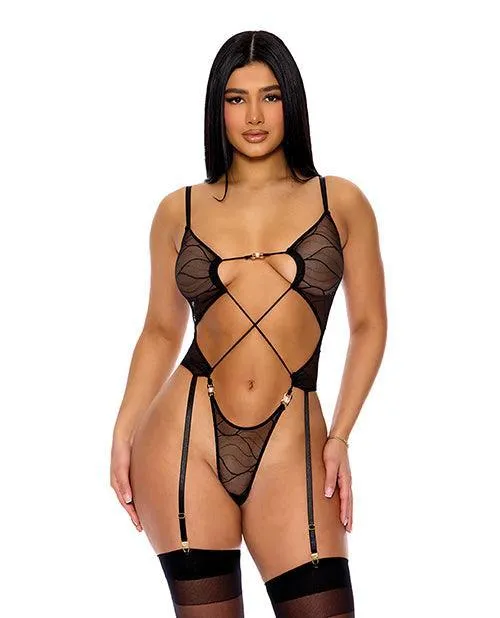 Pull My Strings Sheer Mesh Teddy w/Garters & Faux Pearl Details - Black