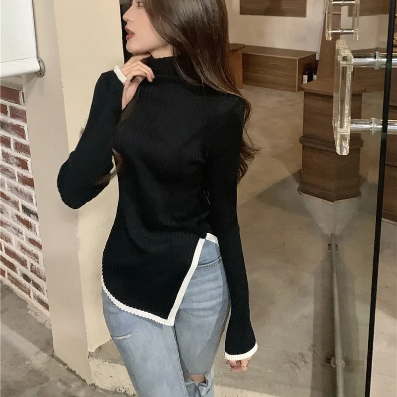 Pullover Turtleneck Sweater Split Fork Fashion Spring Knitted Jumper Simple Elastic Soft Long Sleeve Female Tops