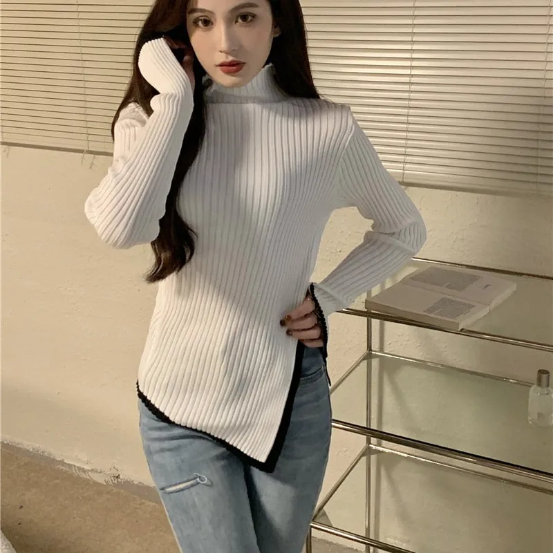 Pullover Turtleneck Sweater Split Fork Fashion Spring Knitted Jumper Simple Elastic Soft Long Sleeve Female Tops