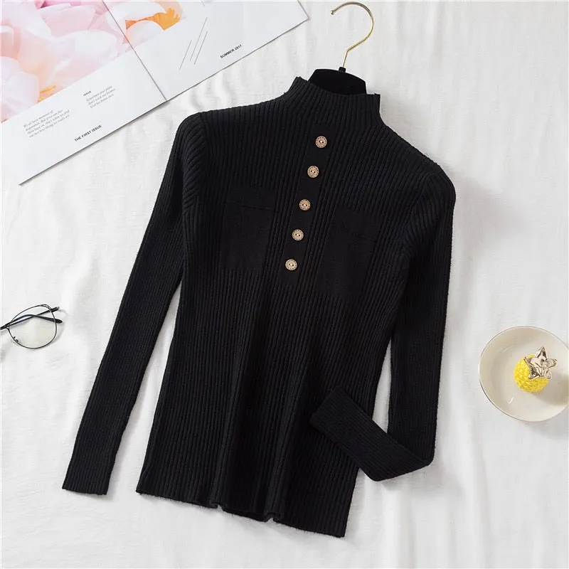 Pullover Women Sweater Autumn Knitted Button Long Sleeve Half Turtleneck Female Jumper Elastic Korean Fashion Blouse Top