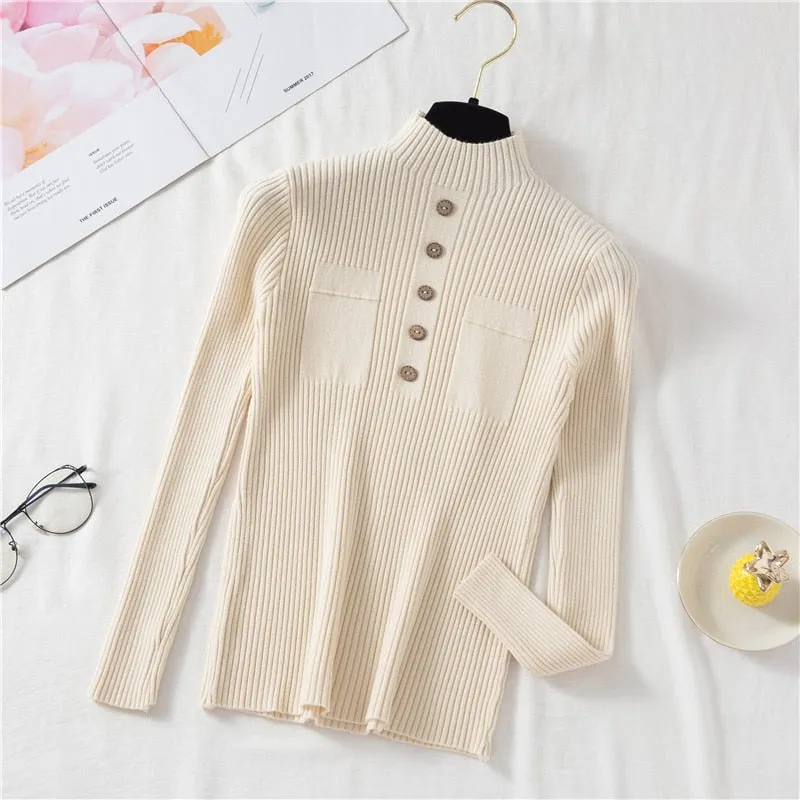 Pullover Women Sweater Autumn Knitted Button Long Sleeve Half Turtleneck Female Jumper Elastic Korean Fashion Blouse Top