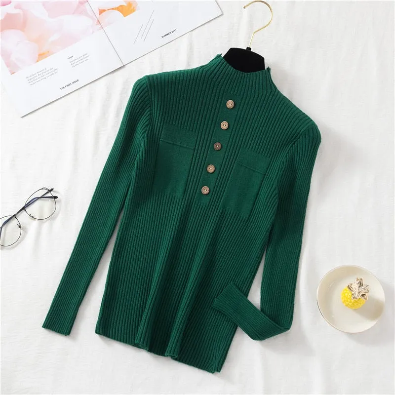 Pullover Women Sweater Autumn Knitted Button Long Sleeve Half Turtleneck Female Jumper Elastic Korean Fashion Blouse Top