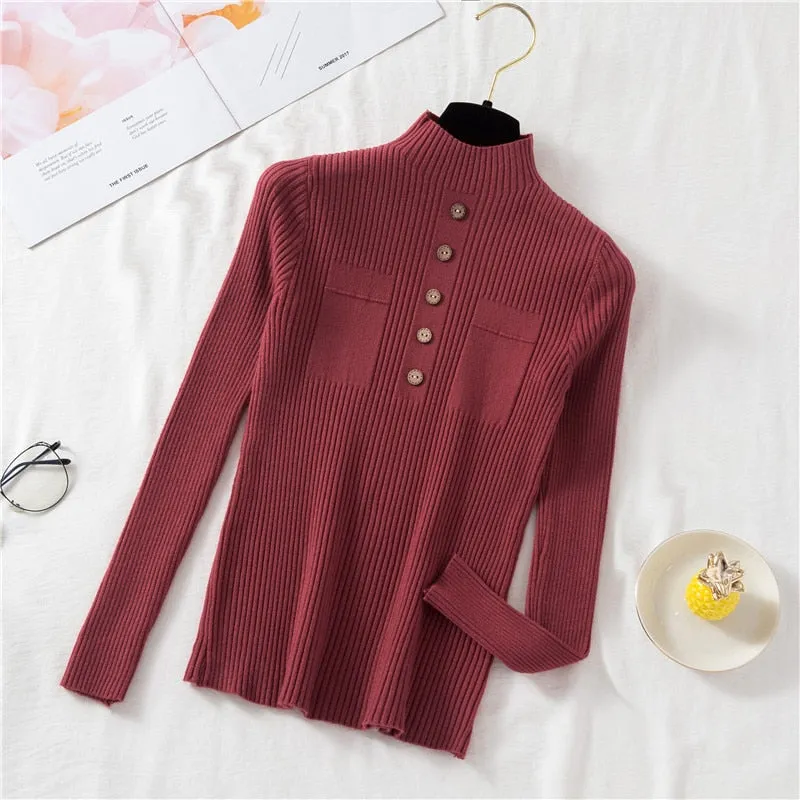 Pullover Women Sweater Autumn Knitted Button Long Sleeve Half Turtleneck Female Jumper Elastic Korean Fashion Blouse Top