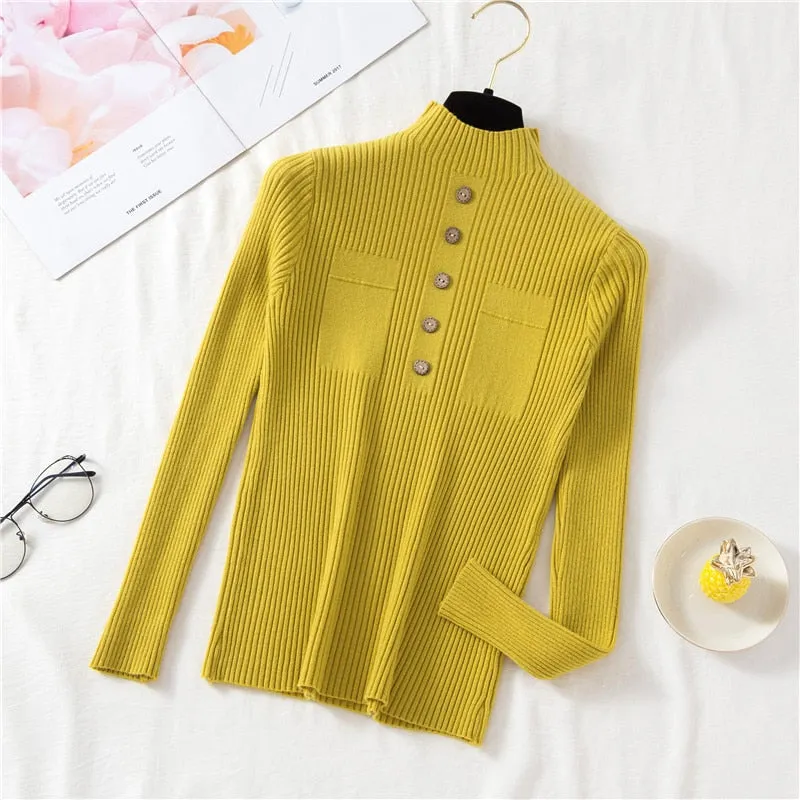 Pullover Women Sweater Autumn Knitted Button Long Sleeve Half Turtleneck Female Jumper Elastic Korean Fashion Blouse Top