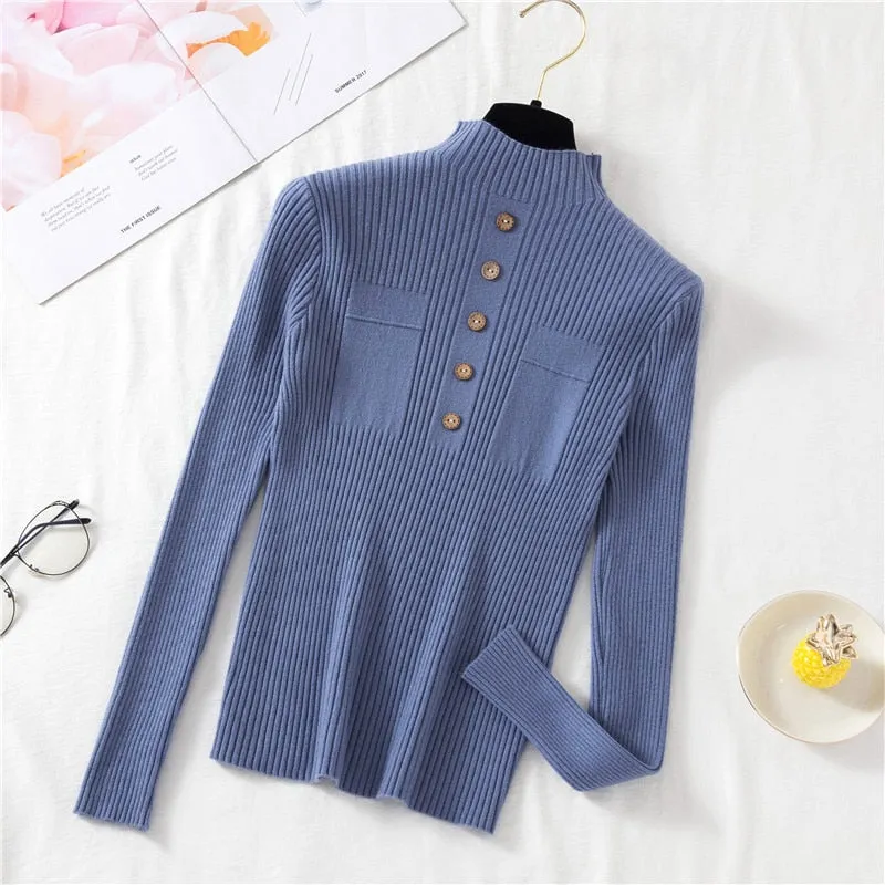 Pullover Women Sweater Autumn Knitted Button Long Sleeve Half Turtleneck Female Jumper Elastic Korean Fashion Blouse Top