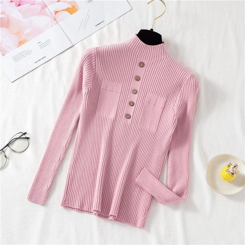 Pullover Women Sweater Autumn Knitted Button Long Sleeve Half Turtleneck Female Jumper Elastic Korean Fashion Blouse Top