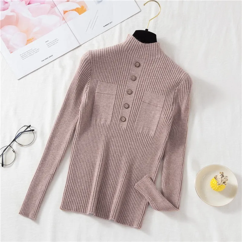 Pullover Women Sweater Autumn Knitted Button Long Sleeve Half Turtleneck Female Jumper Elastic Korean Fashion Blouse Top