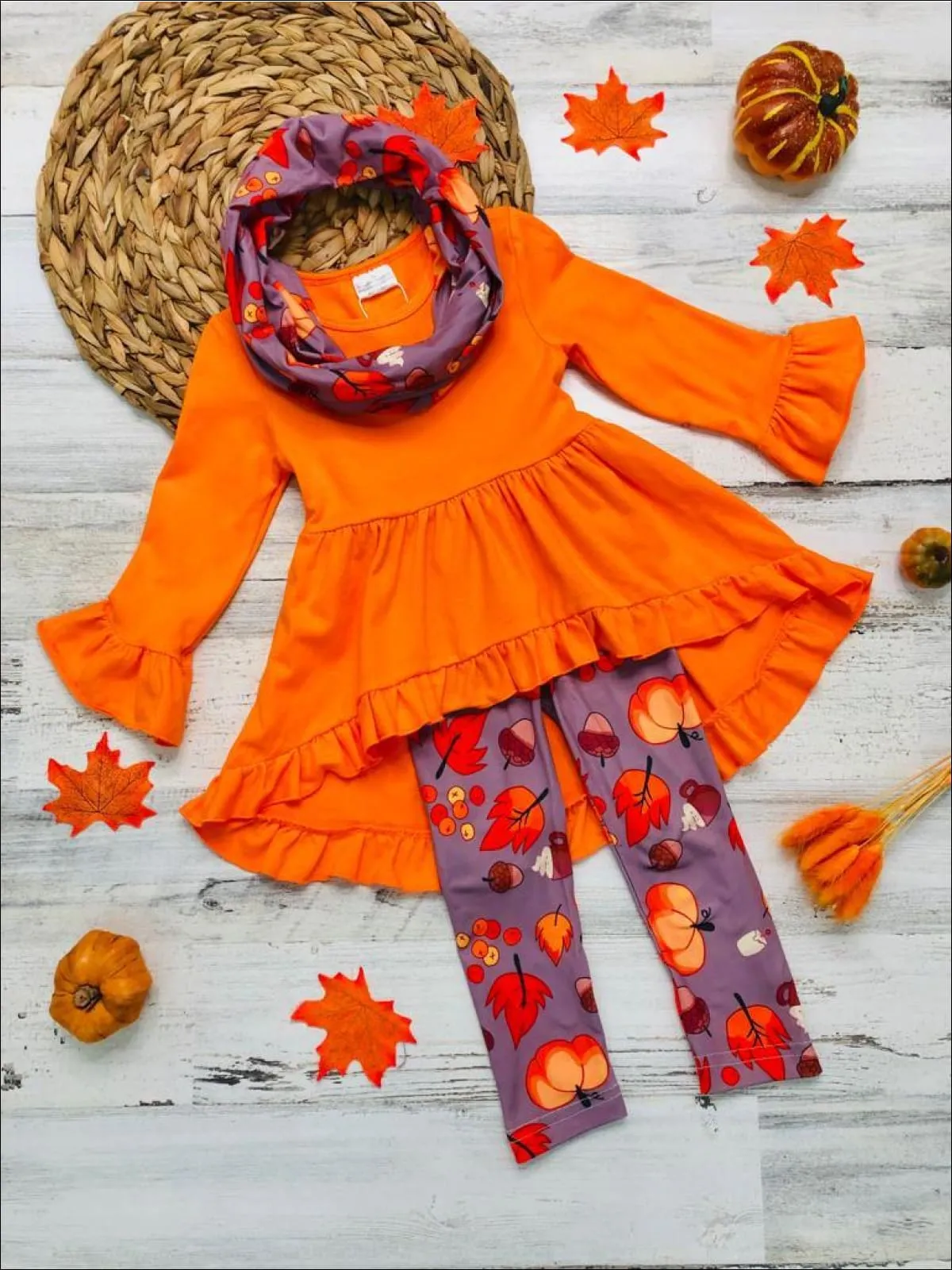 Pumpkin Delight Hi Lo Tunic, Legging and Scarf Set