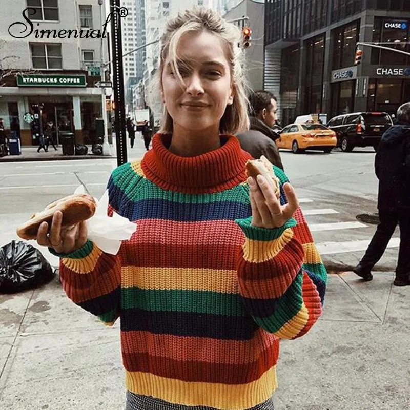 Rainbow Turtleneck Winter Jumpers Knitted Striped Oversize Pullover Sweater