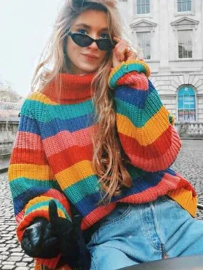 Rainbow Turtleneck Winter Jumpers Knitted Striped Oversize Pullover Sweater