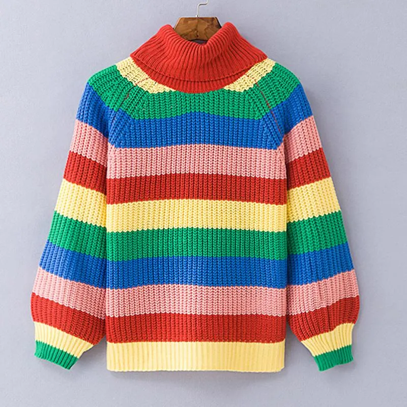 Rainbow Turtleneck Winter Jumpers Knitted Striped Oversize Pullover Sweater