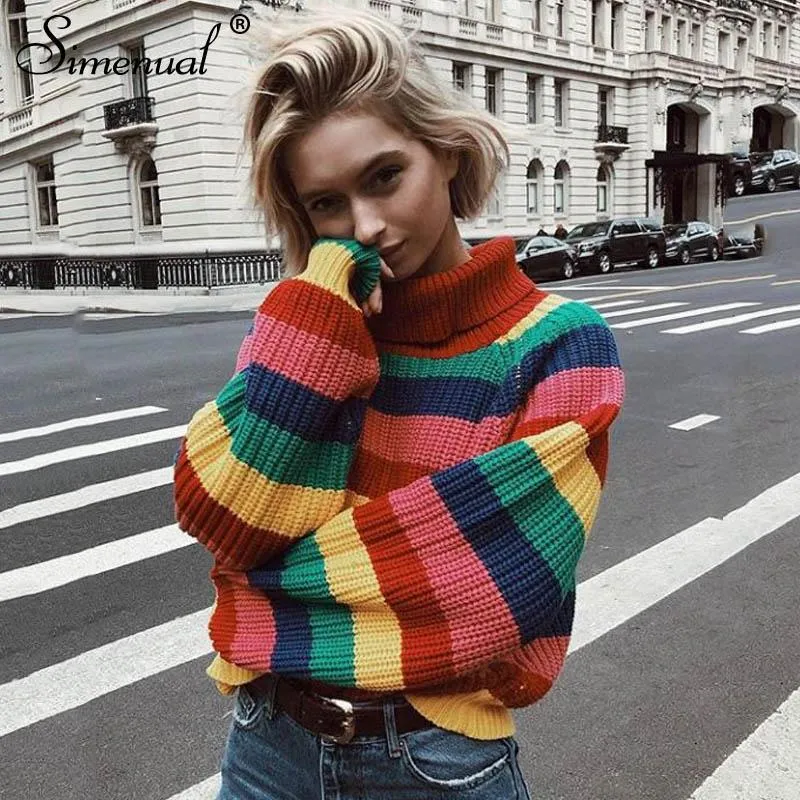 Rainbow Turtleneck Winter Jumpers Knitted Striped Oversize Pullover Sweater