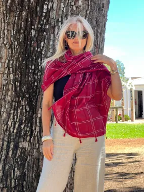 Red Scarf - Plaid - White Stitching