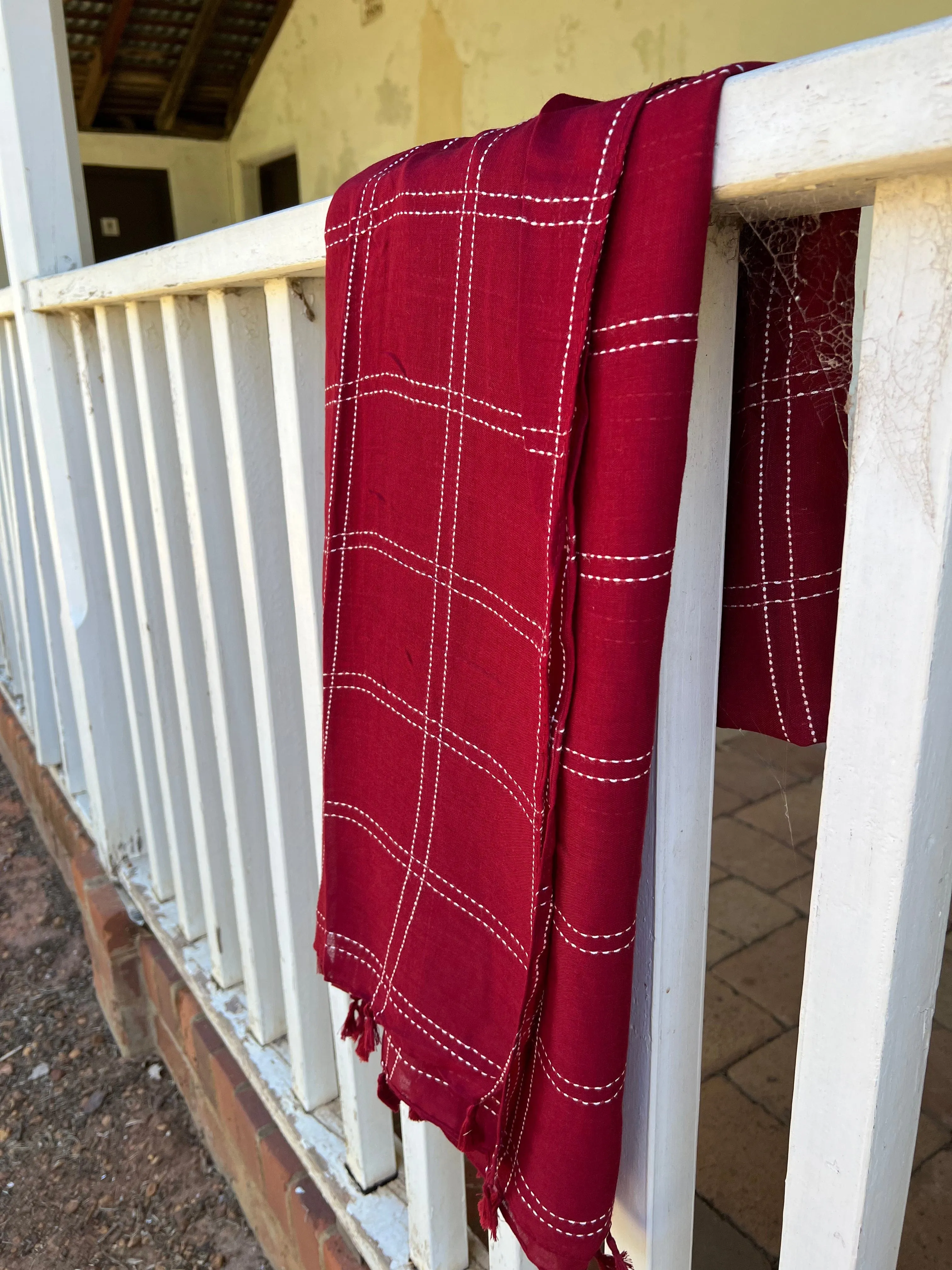 Red Scarf - Plaid - White Stitching