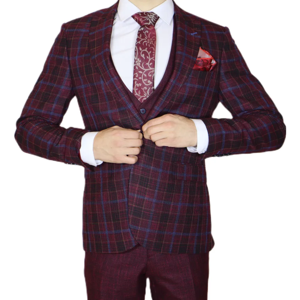 Red/Blue Avanti Milano Window Pane Patterned Three Piece Suit