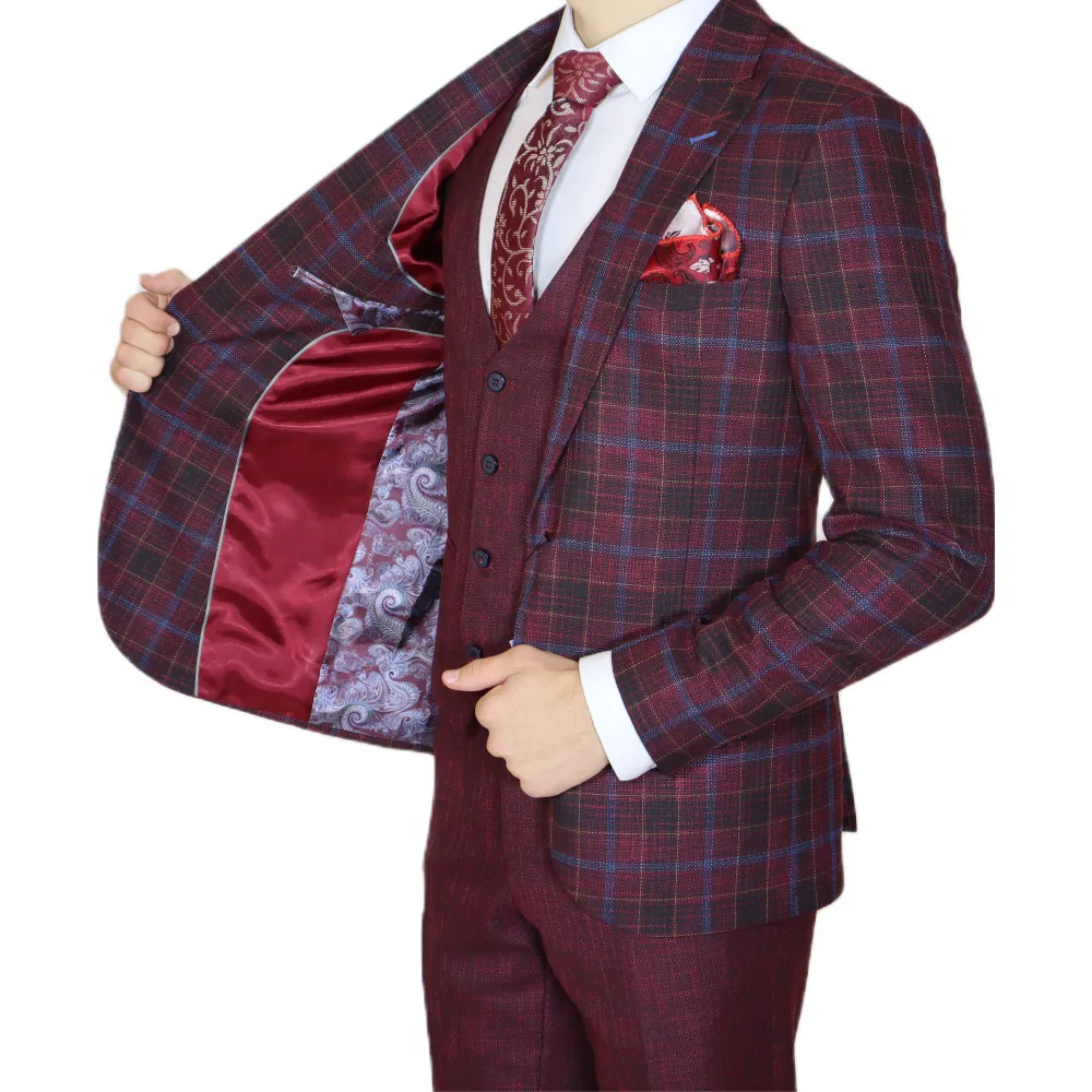 Red/Blue Avanti Milano Window Pane Patterned Three Piece Suit