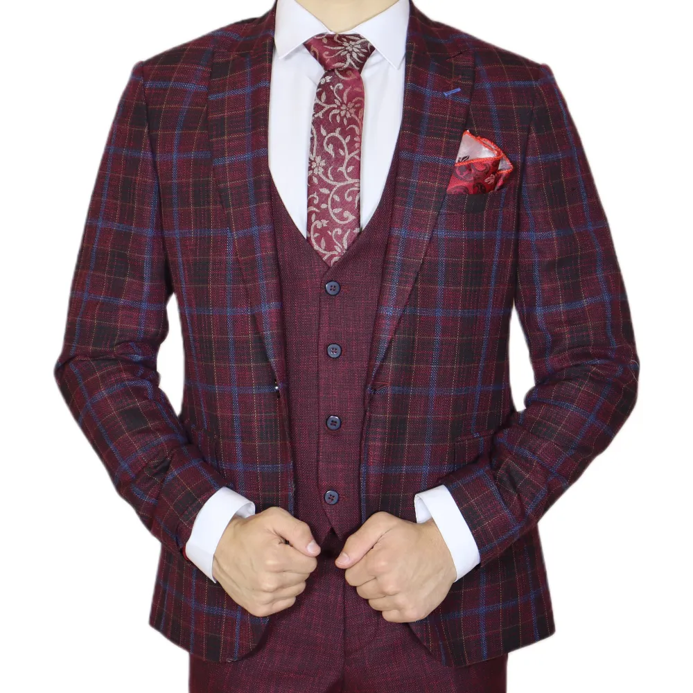 Red/Blue Avanti Milano Window Pane Patterned Three Piece Suit