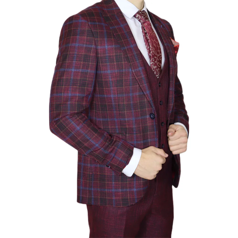 Red/Blue Avanti Milano Window Pane Patterned Three Piece Suit