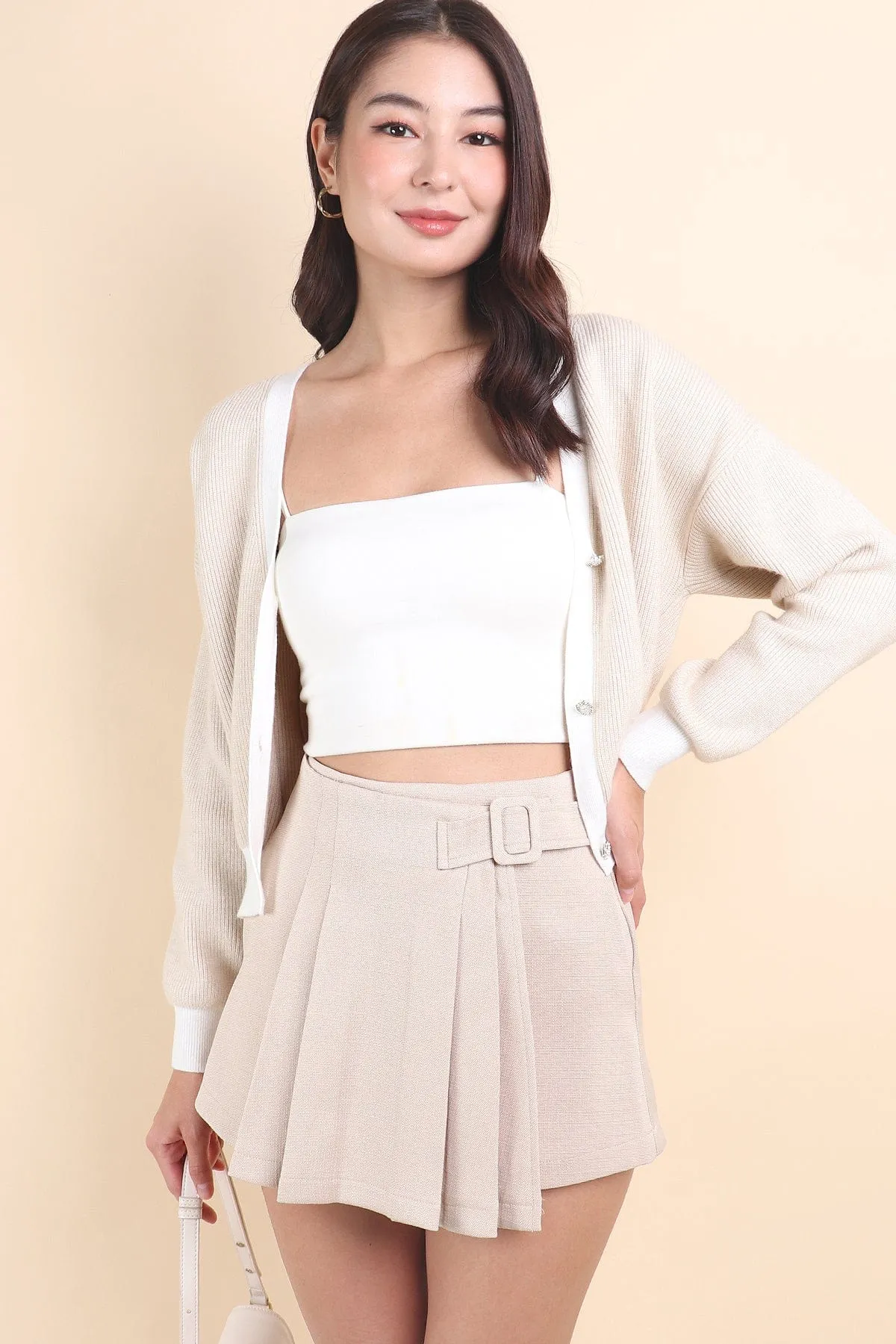 REVERIE CONTRAST PULLOVER CARDIGAN IN ALMOND