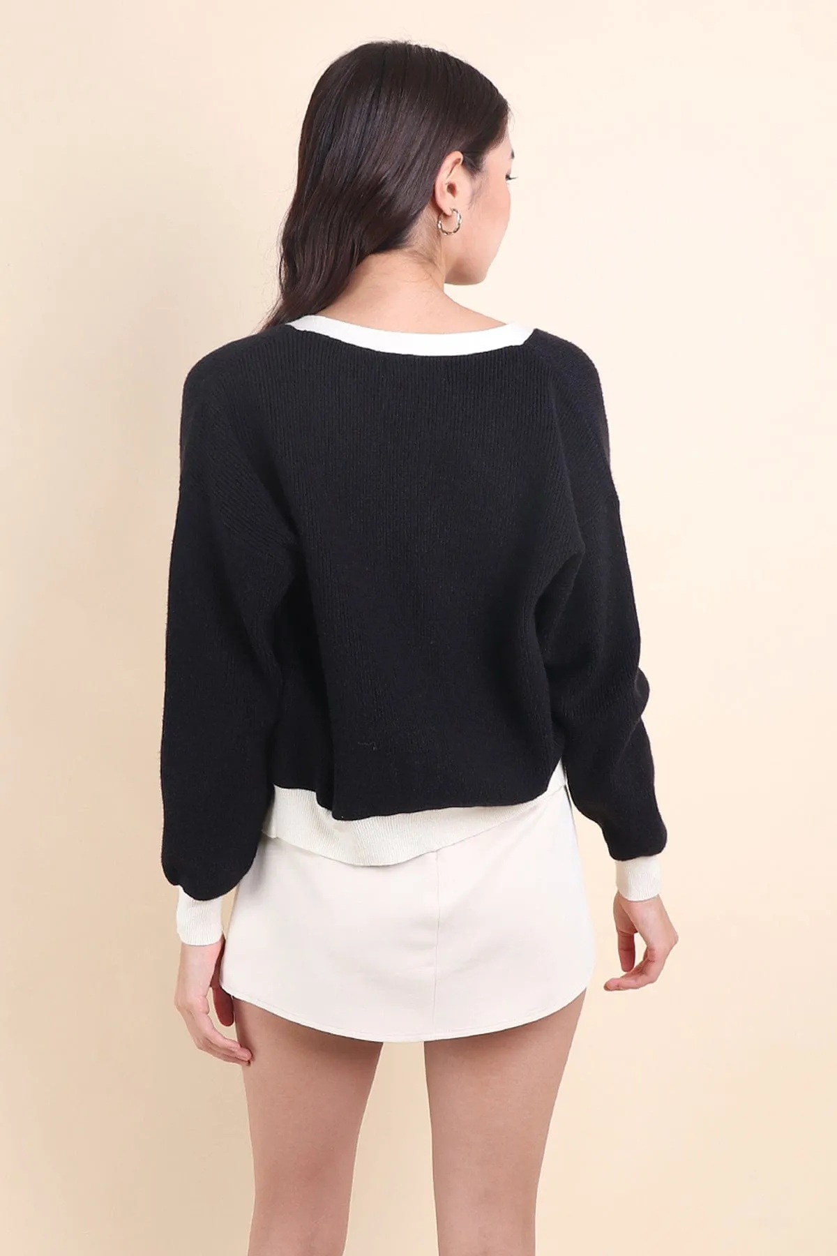 REVERIE CONTRAST PULLOVER CARDIGAN IN BLACK