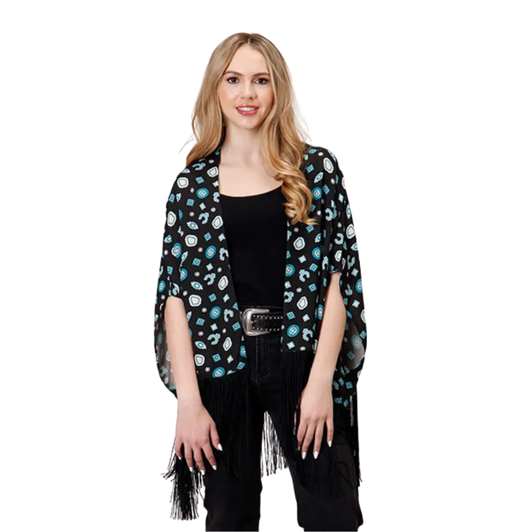 Roper Women's Print Woven Fringe Black Cardigan