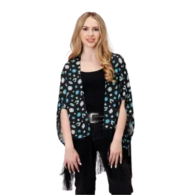 Roper Women's Print Woven Fringe Black Cardigan