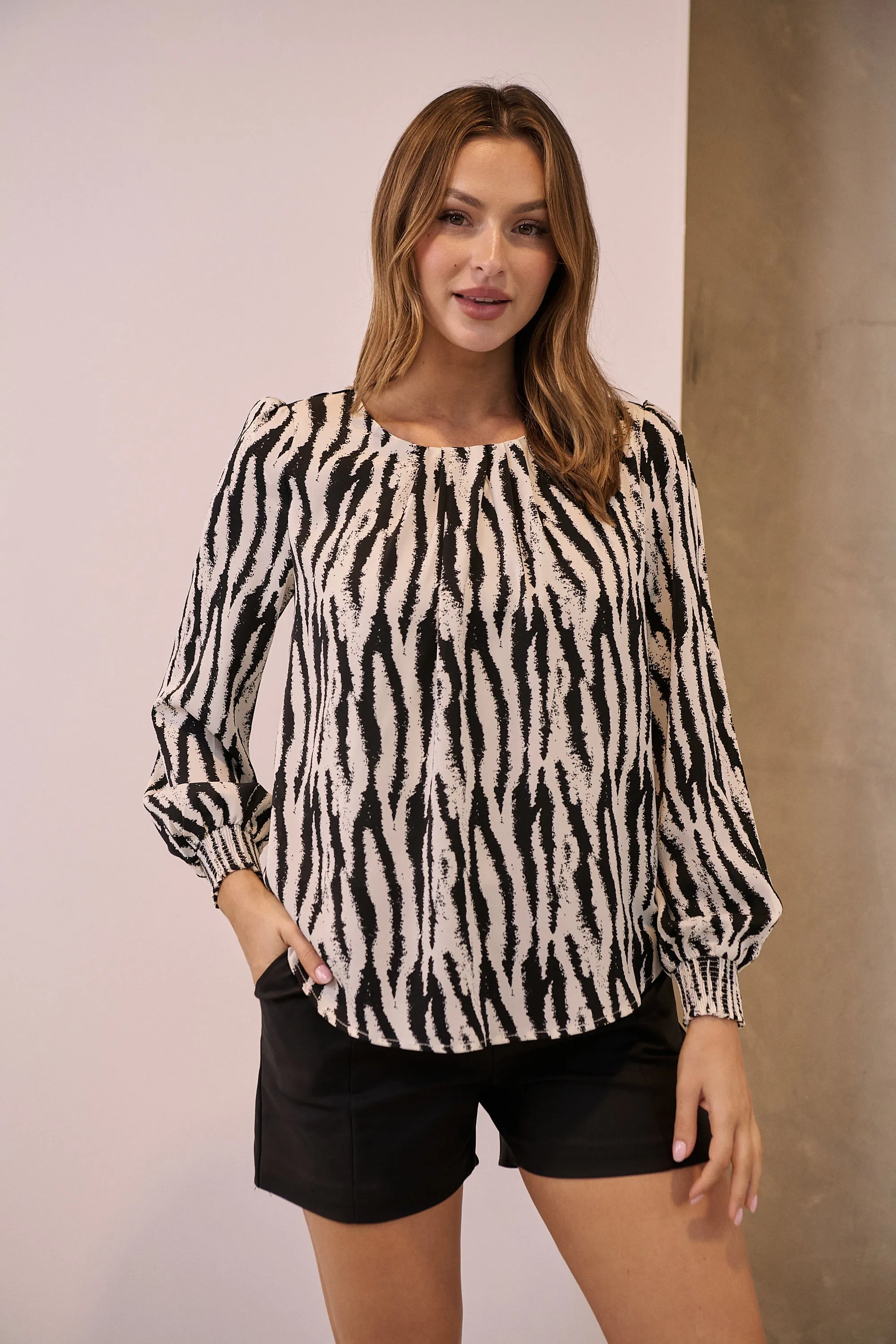 Rue Black/White Long Sleeve Satin Top