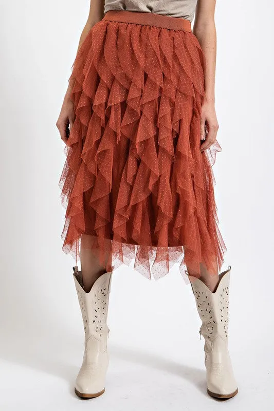 Rust Embellished Tulle Layered Midi Skirts