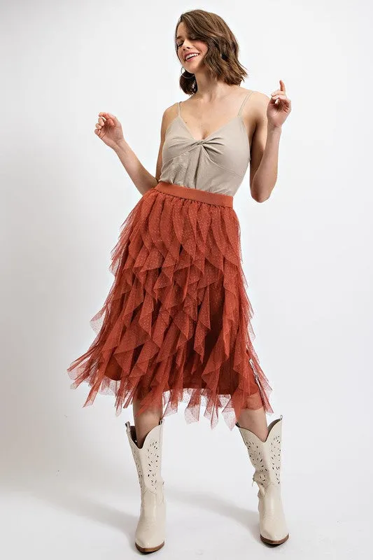 Rust Embellished Tulle Layered Midi Skirts