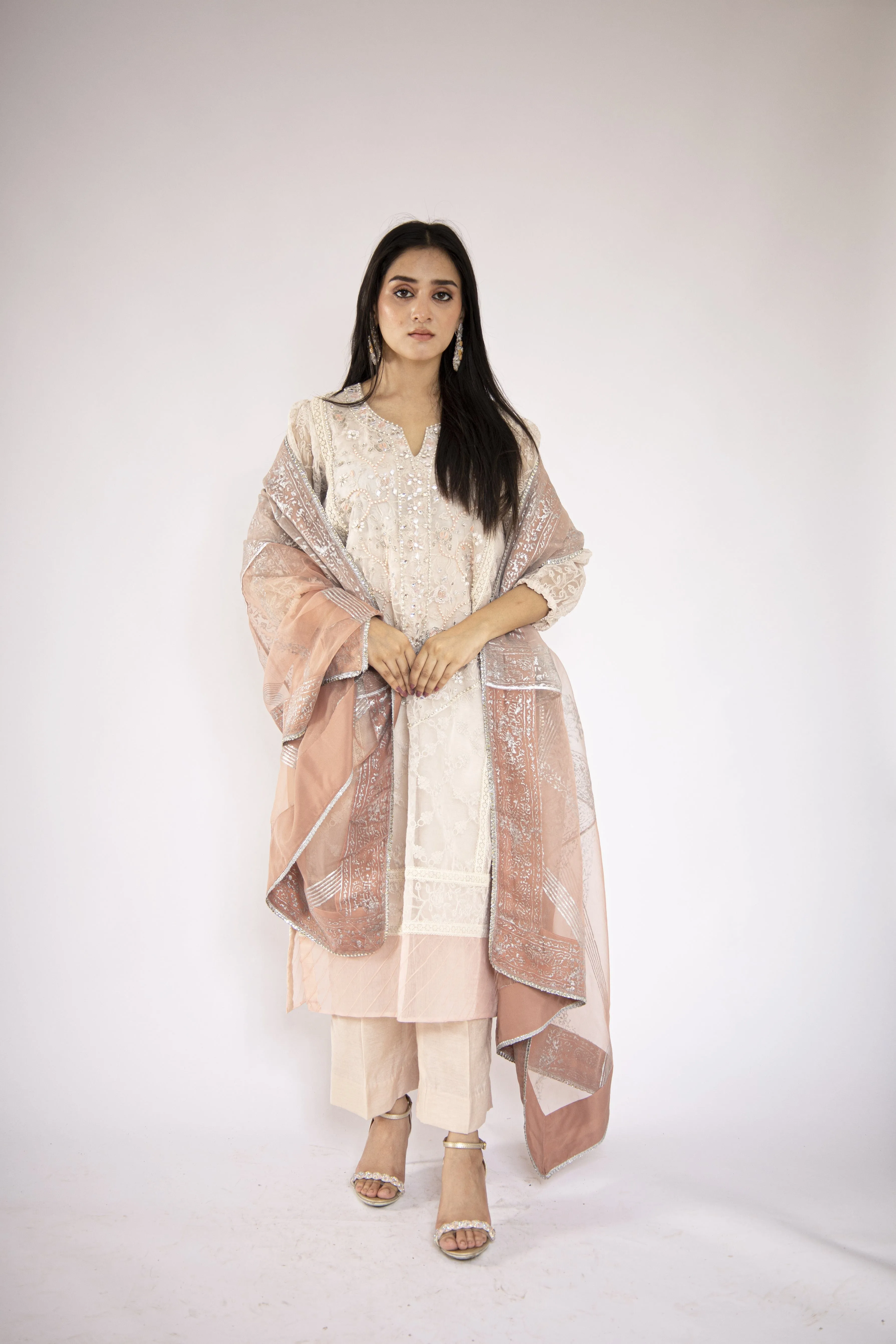 Sadia Aamir - Elaya - Off White Embroidered Organza Silk and Dupatta with Silk Culottes - 3 Piece