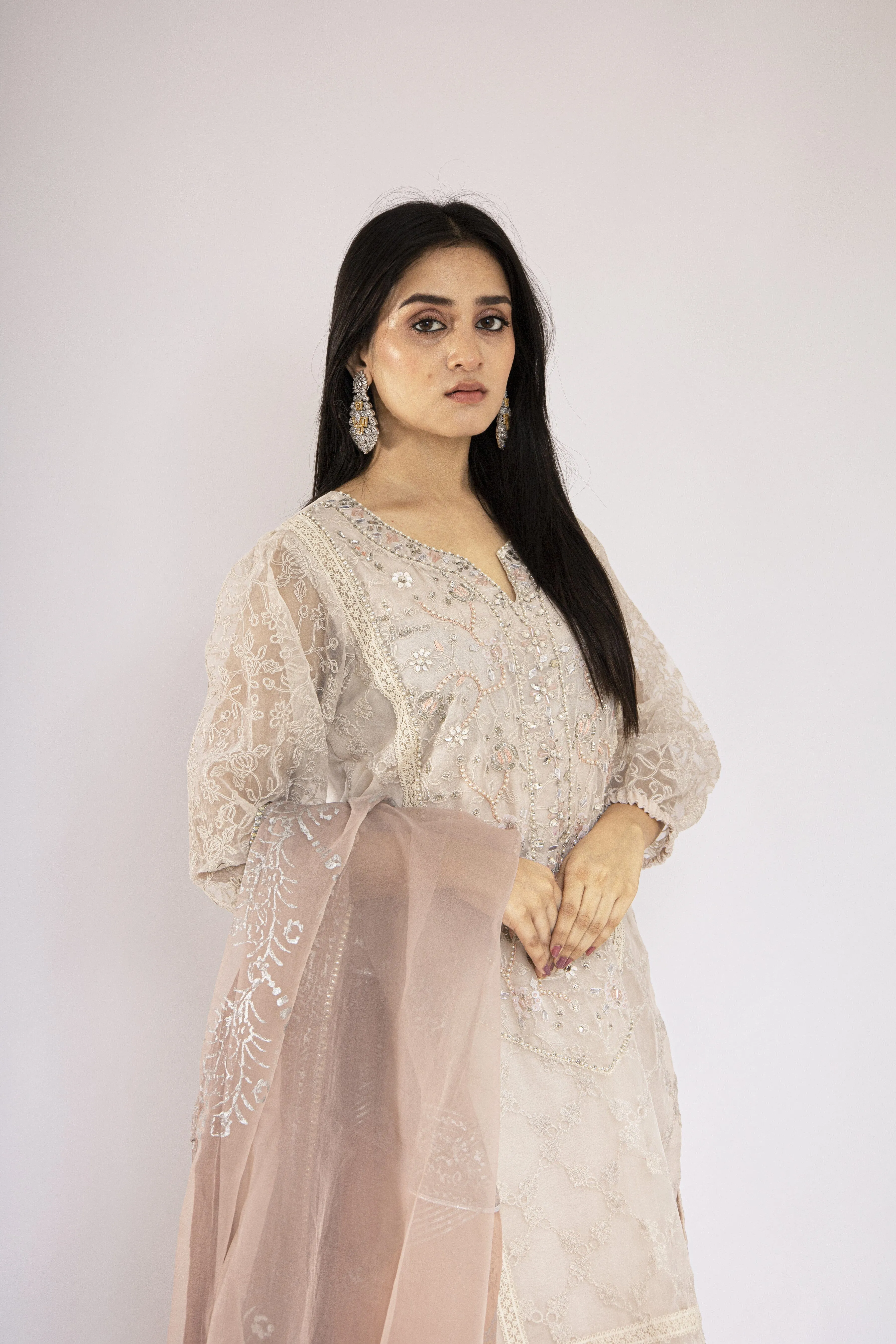 Sadia Aamir - Elaya - Off White Embroidered Organza Silk and Dupatta with Silk Culottes - 3 Piece