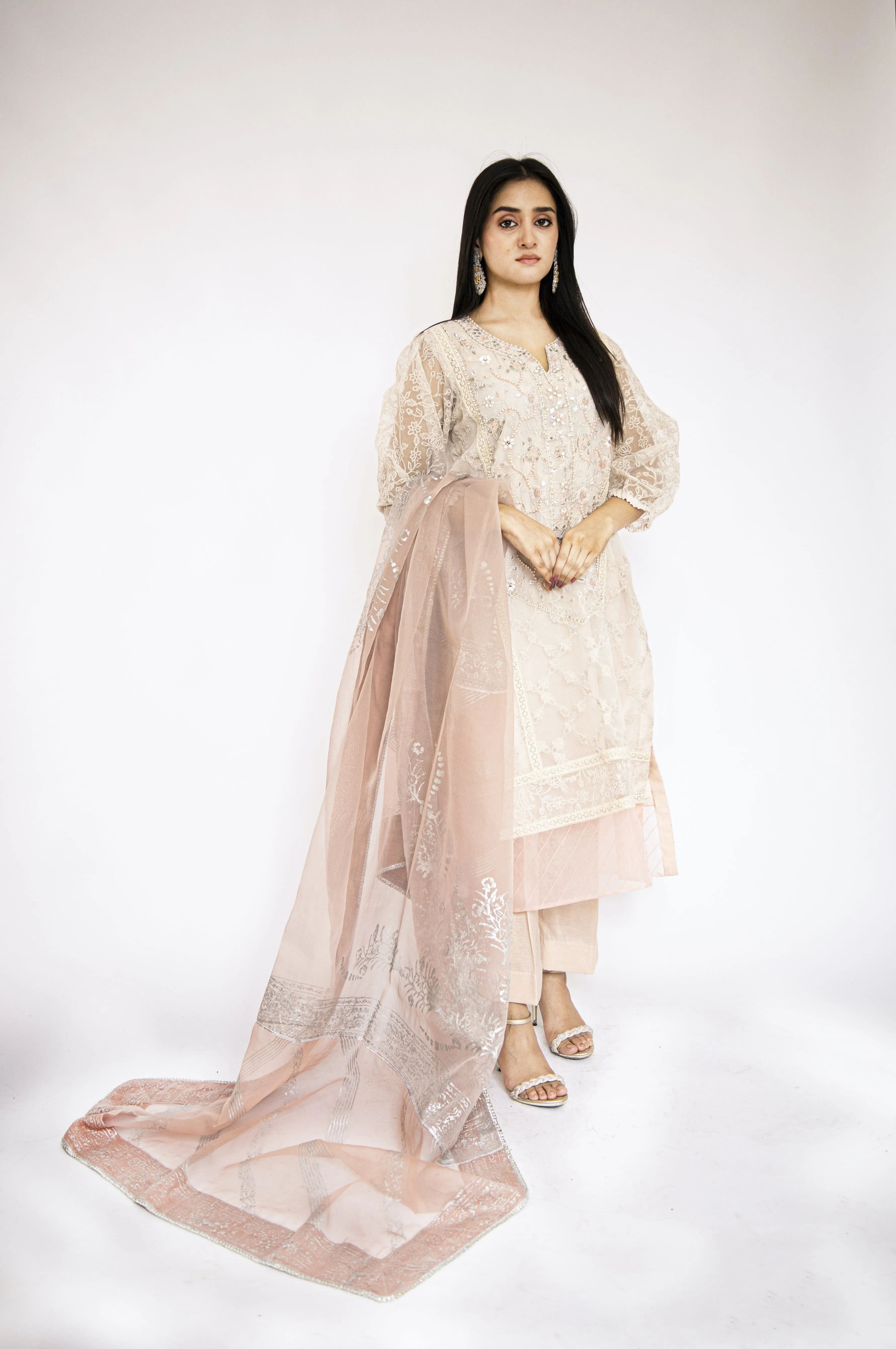 Sadia Aamir - Elaya - Off White Embroidered Organza Silk and Dupatta with Silk Culottes - 3 Piece