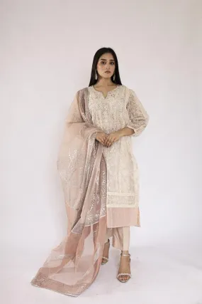 Sadia Aamir - Elaya - Off White Embroidered Organza Silk and Dupatta with Silk Culottes - 3 Piece