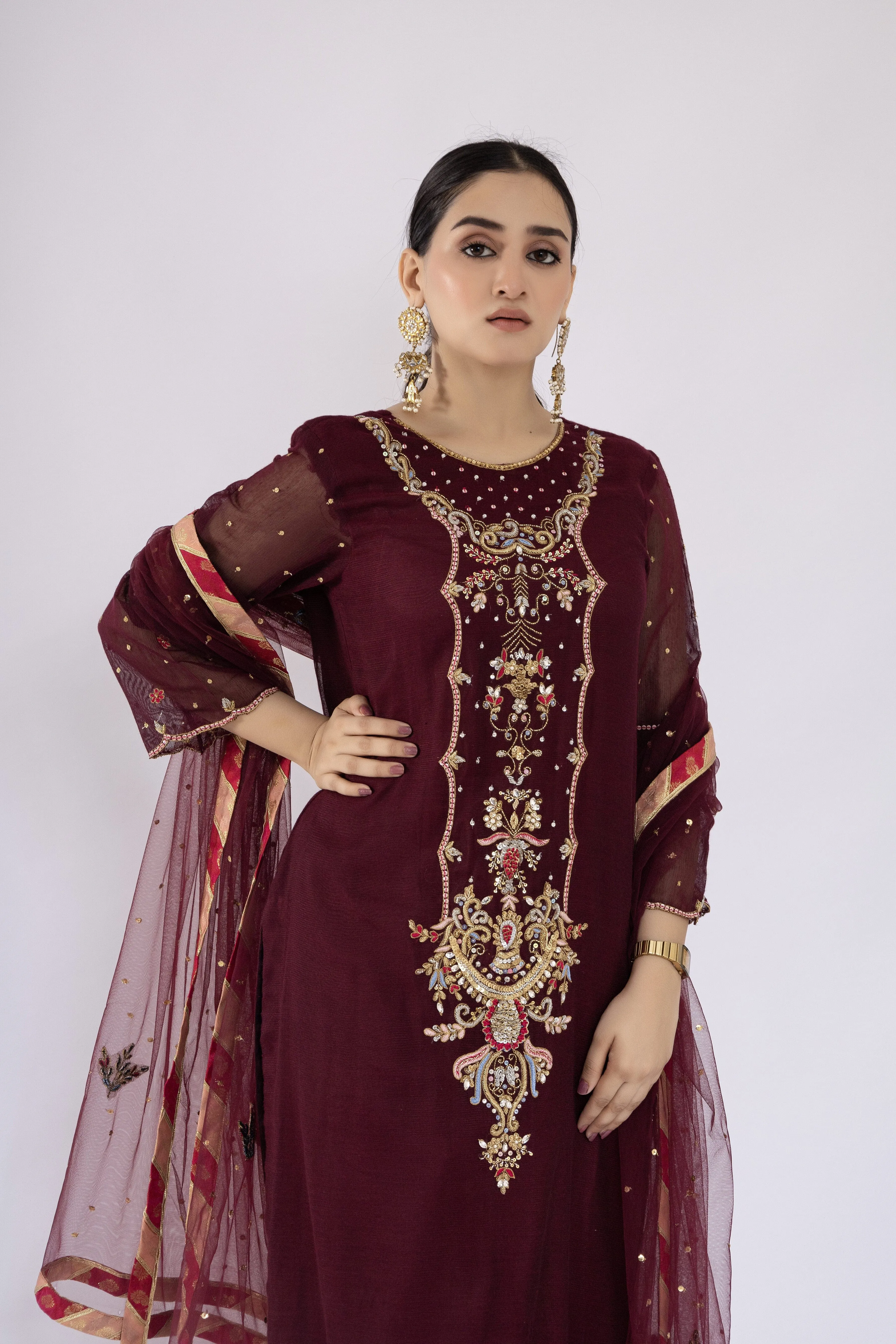 Sadia Aamir - Ilana - Mulberry Embroidered Khaddi Net Shirt and Silk Culottes with Net Dupatta - 3 Piece