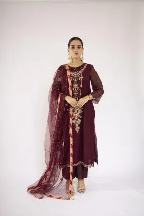 Sadia Aamir - Ilana - Mulberry Embroidered Khaddi Net Shirt and Silk Culottes with Net Dupatta - 3 Piece