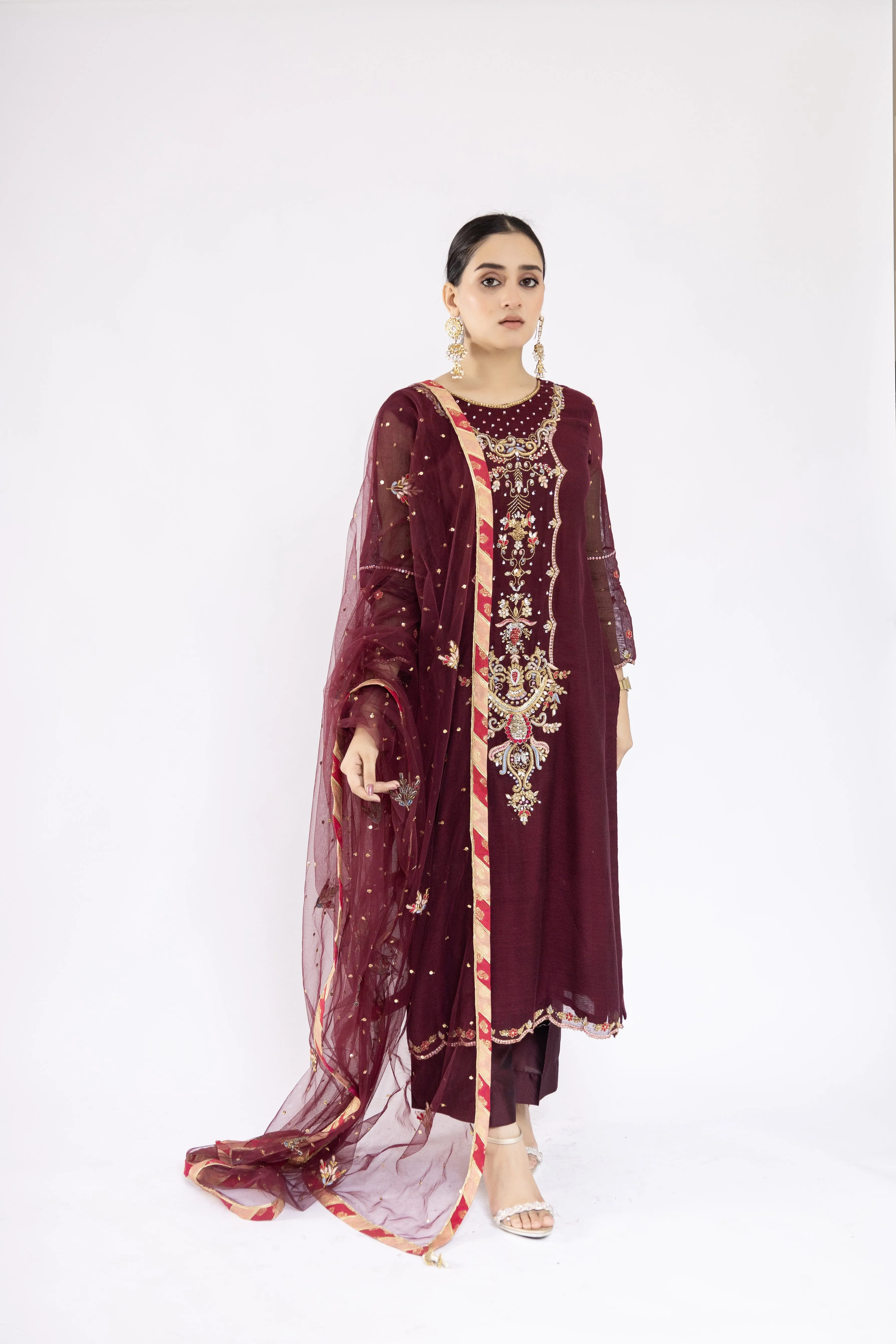 Sadia Aamir - Ilana - Mulberry Embroidered Khaddi Net Shirt and Silk Culottes with Net Dupatta - 3 Piece