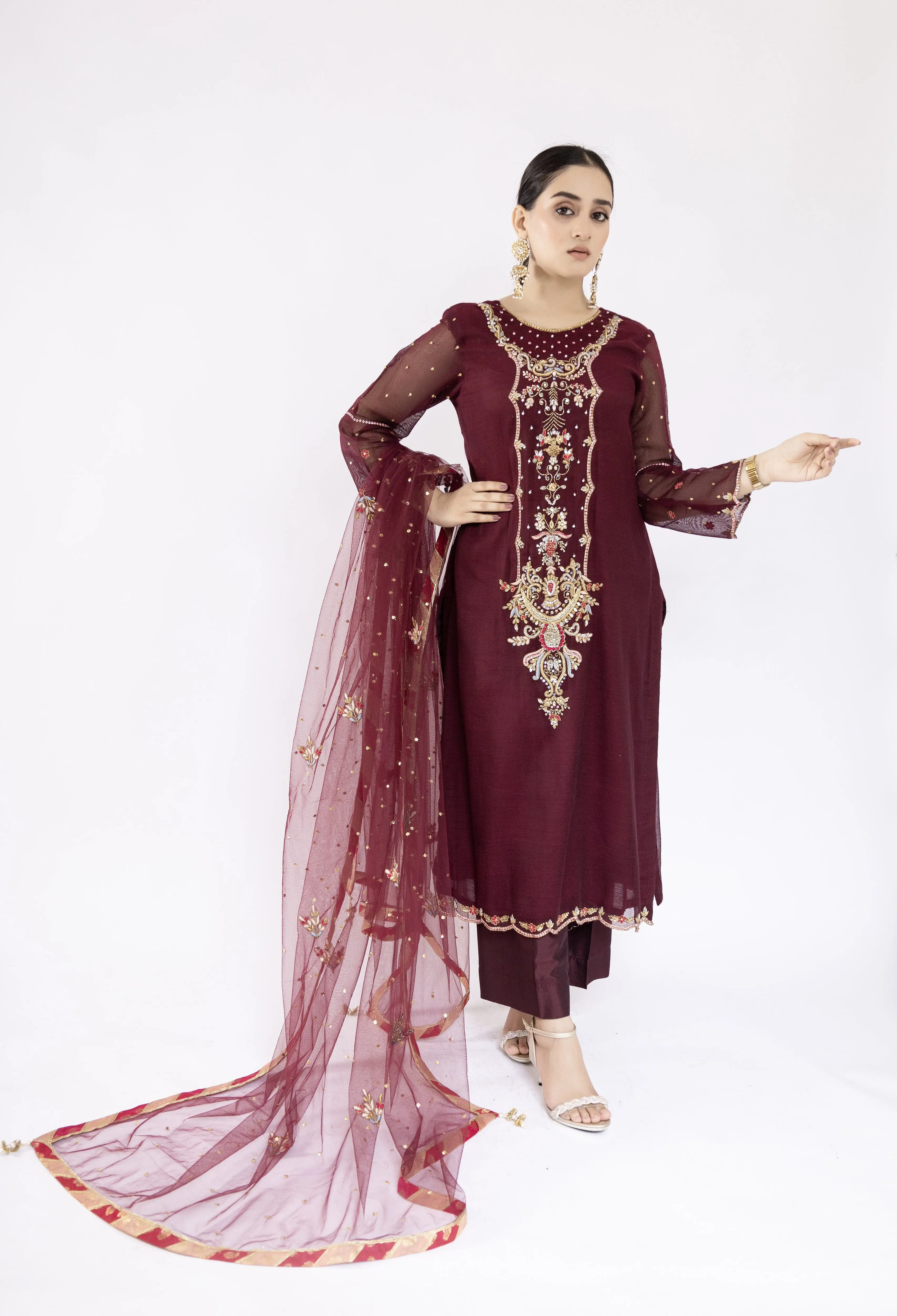 Sadia Aamir - Ilana - Mulberry Embroidered Khaddi Net Shirt and Silk Culottes with Net Dupatta - 3 Piece