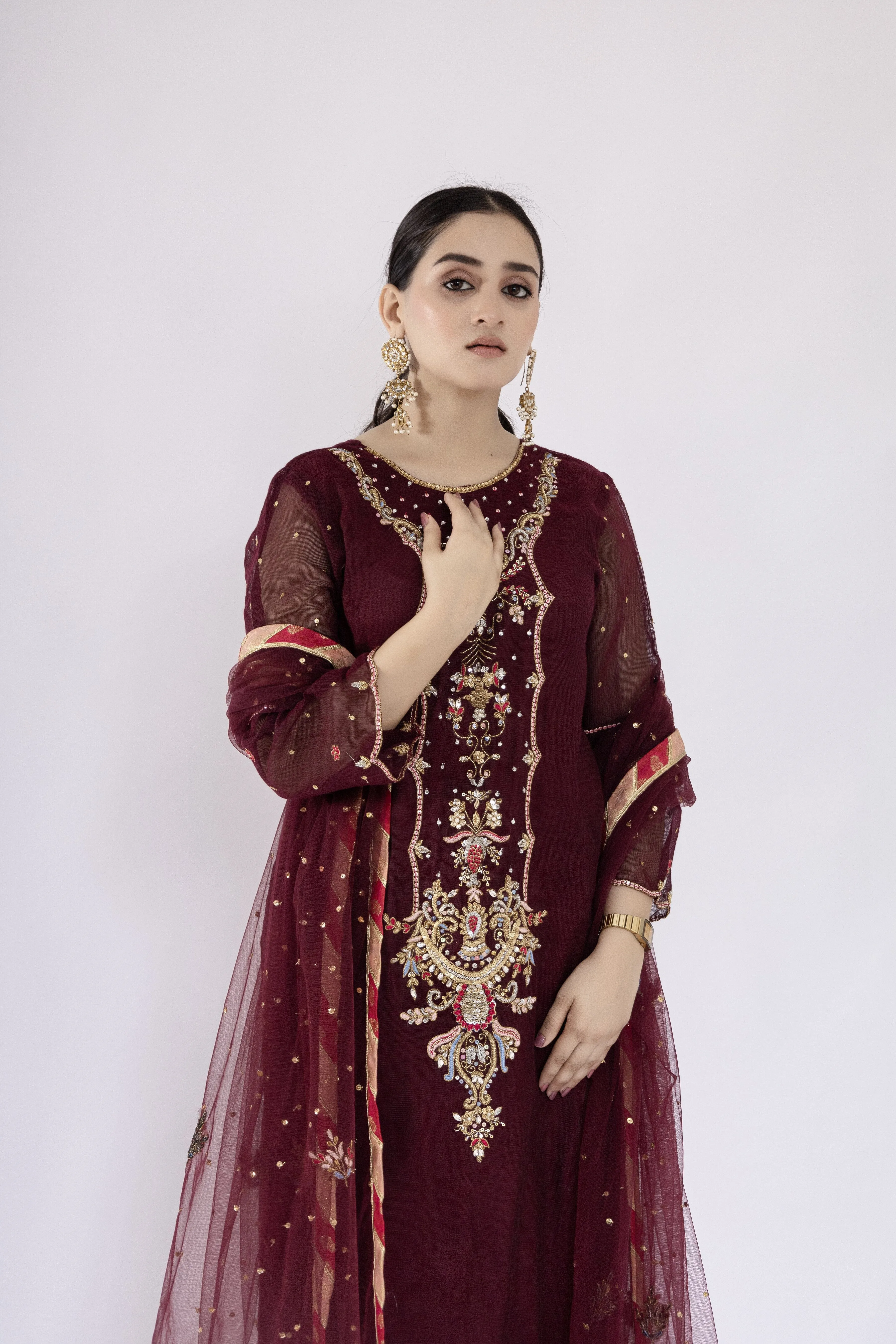 Sadia Aamir - Ilana - Mulberry Embroidered Khaddi Net Shirt and Silk Culottes with Net Dupatta - 3 Piece