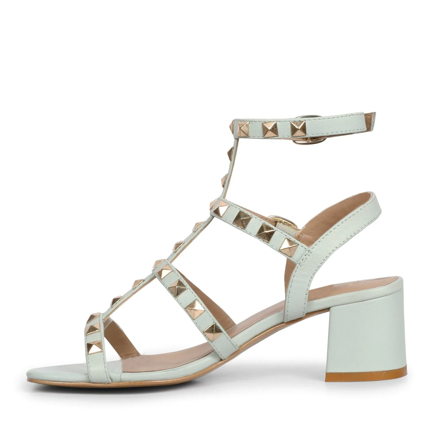 Saint Angela Aqua Leather Metal Studded Block Heels