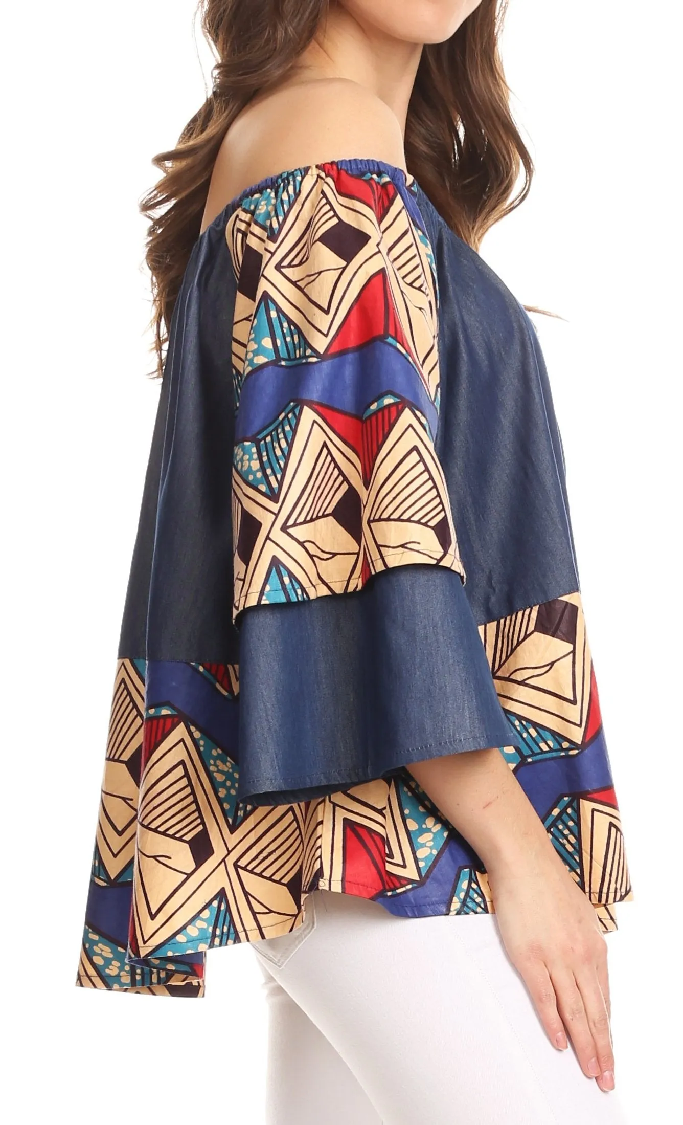 Sakkas Desta Off-shoulder Tent Top Blouse on Chambray and Wax African Ankara Print