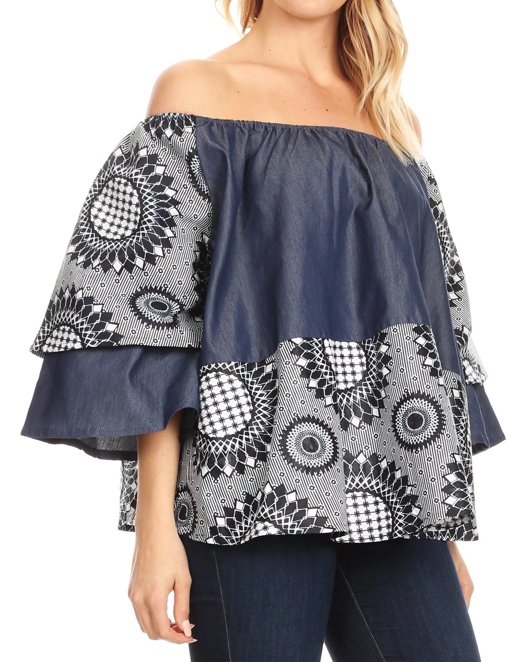 Sakkas Desta Off-shoulder Tent Top Blouse on Chambray and Wax African Ankara Print