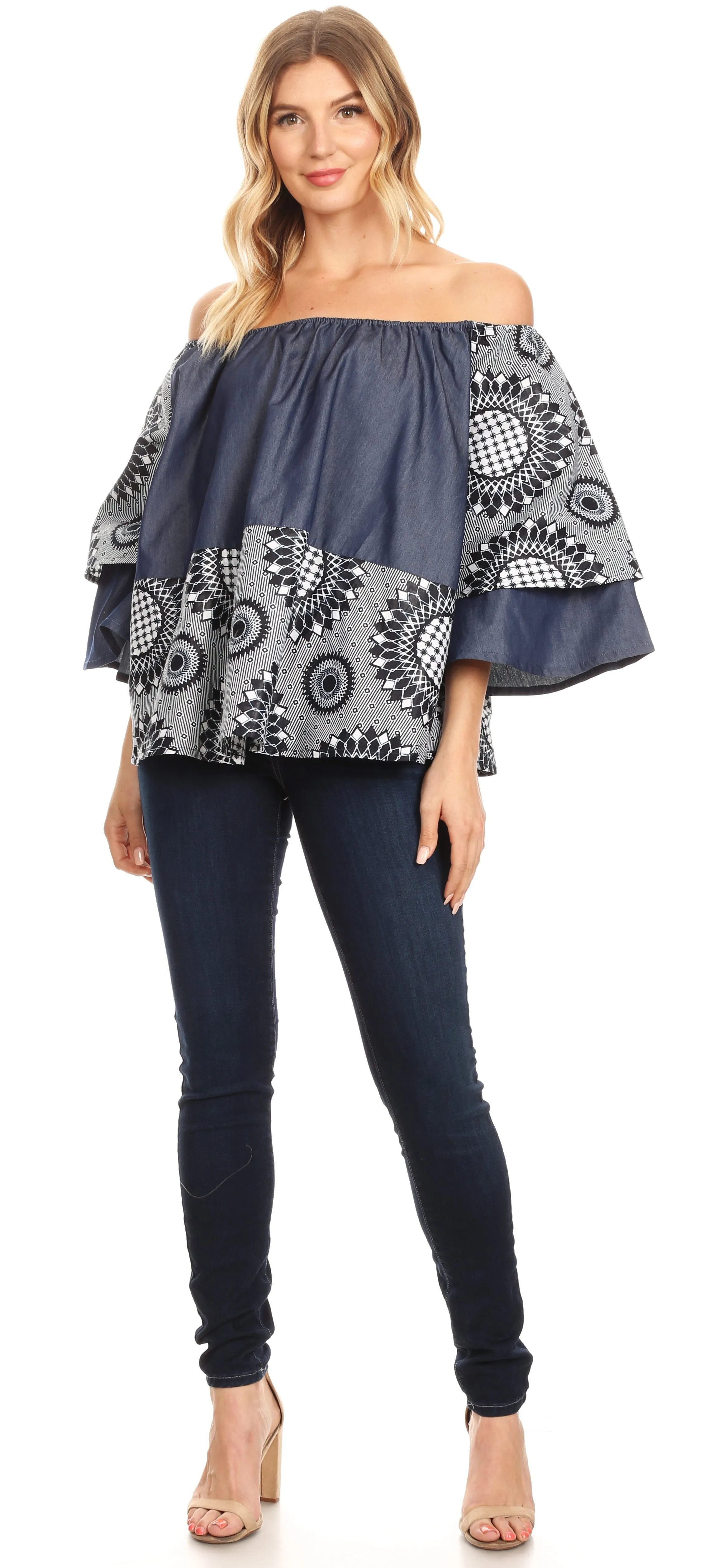 Sakkas Desta Off-shoulder Tent Top Blouse on Chambray and Wax African Ankara Print