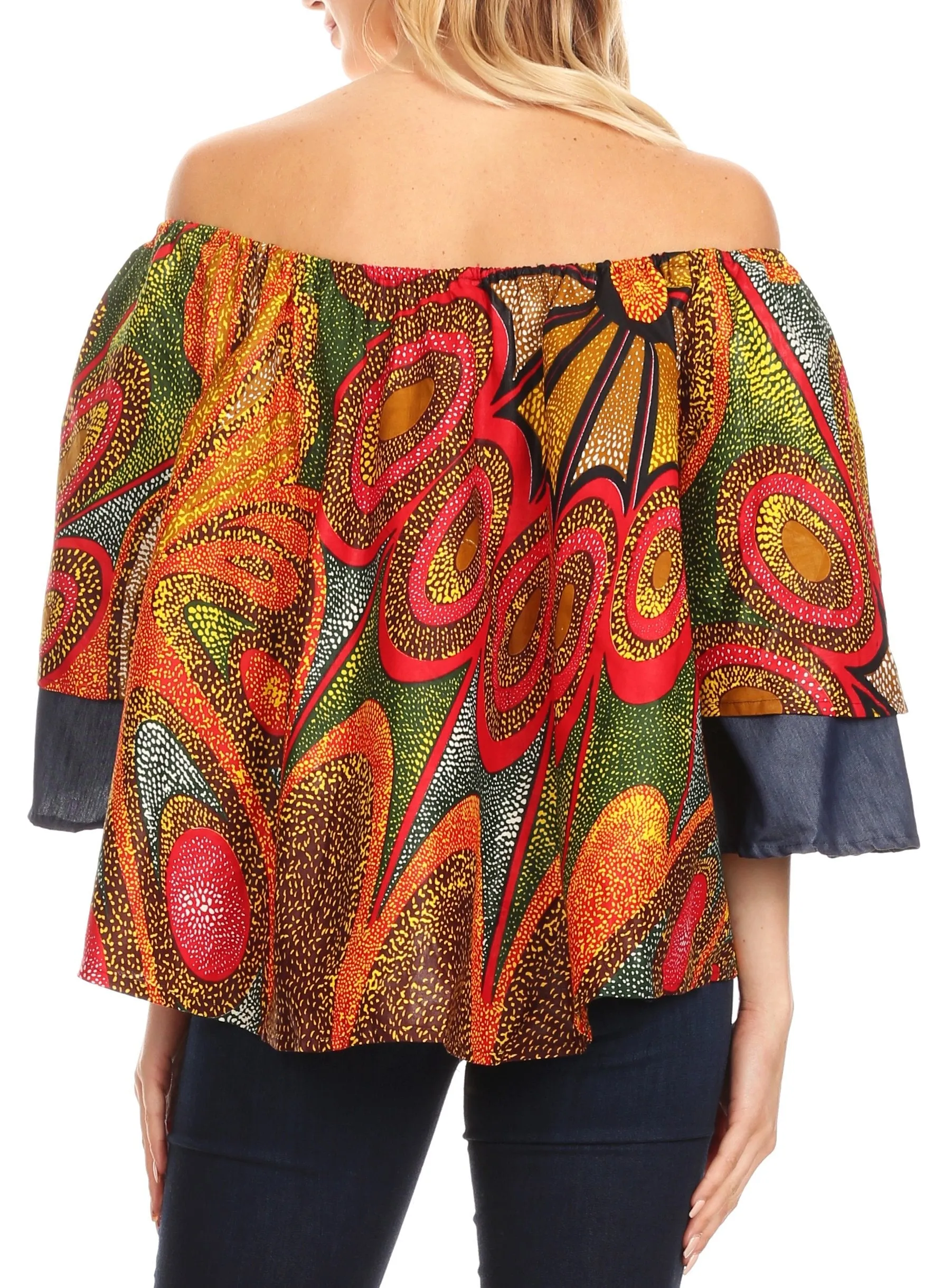 Sakkas Desta Off-shoulder Tent Top Blouse on Chambray and Wax African Ankara Print