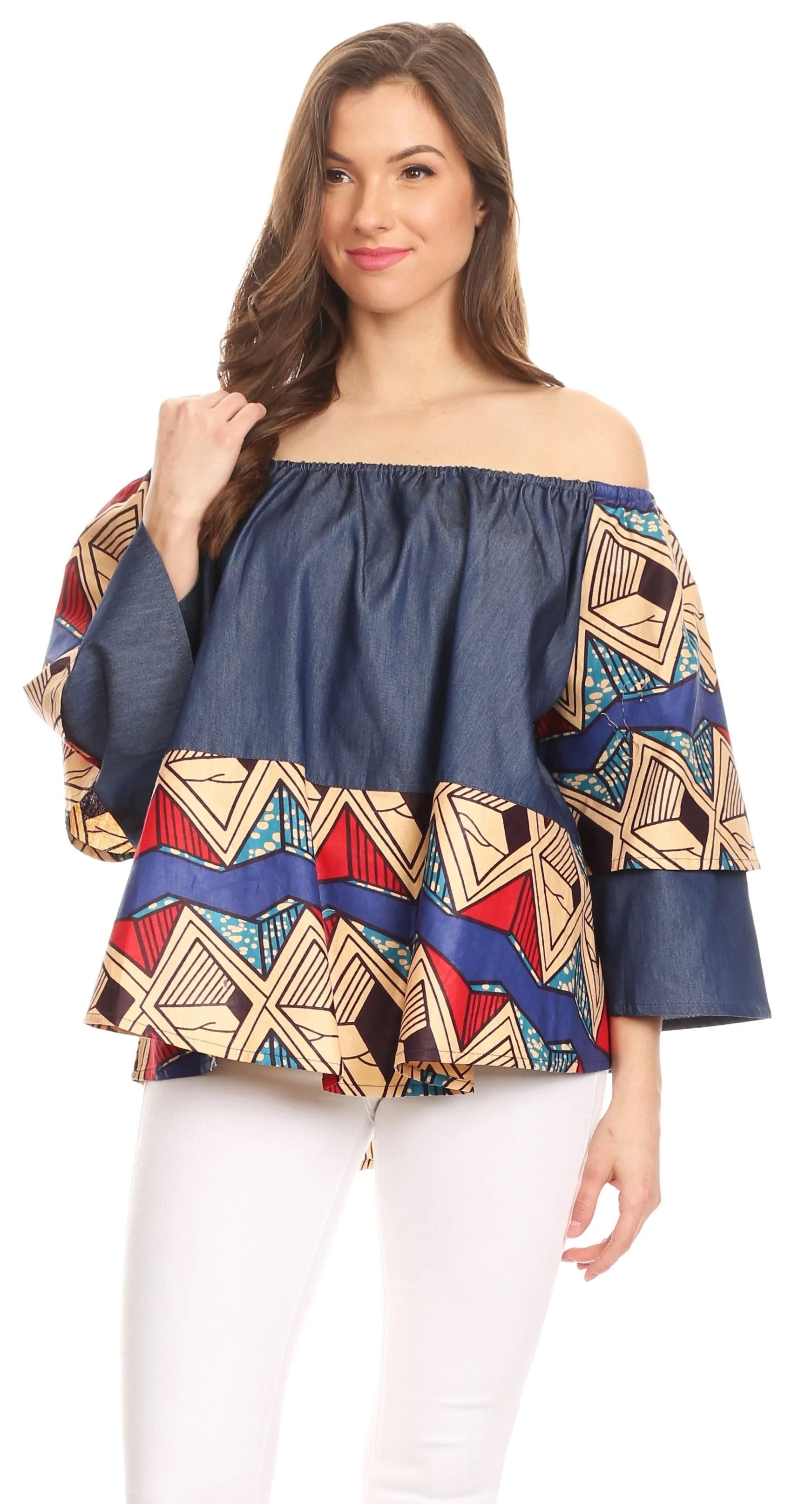 Sakkas Desta Off-shoulder Tent Top Blouse on Chambray and Wax African Ankara Print