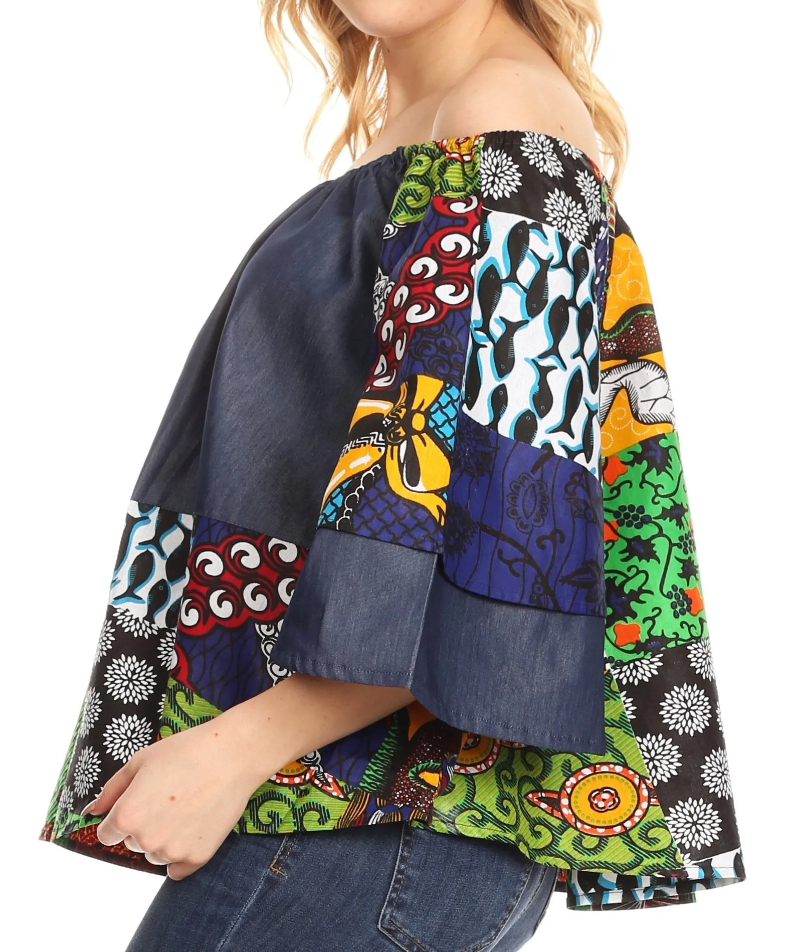 Sakkas Desta Off-shoulder Tent Top Blouse on Chambray and Wax African Ankara Print