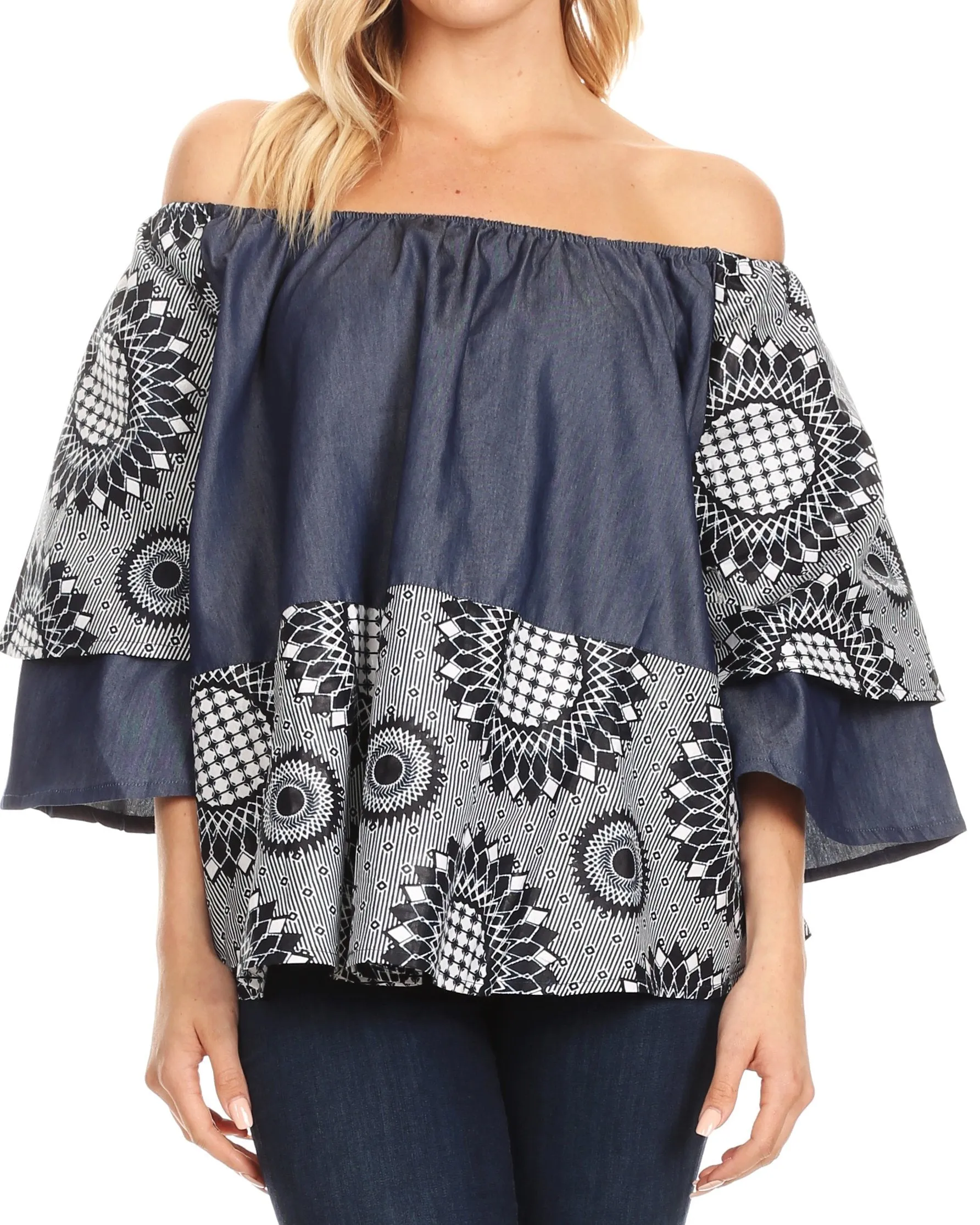 Sakkas Desta Off-shoulder Tent Top Blouse on Chambray and Wax African Ankara Print