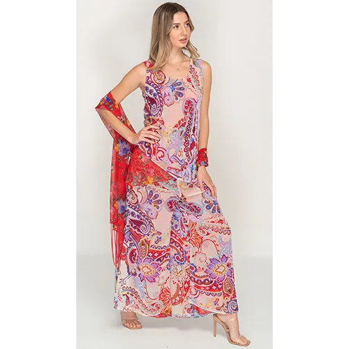 Semi-Long Red Floral Printed Reversible Dress For Women